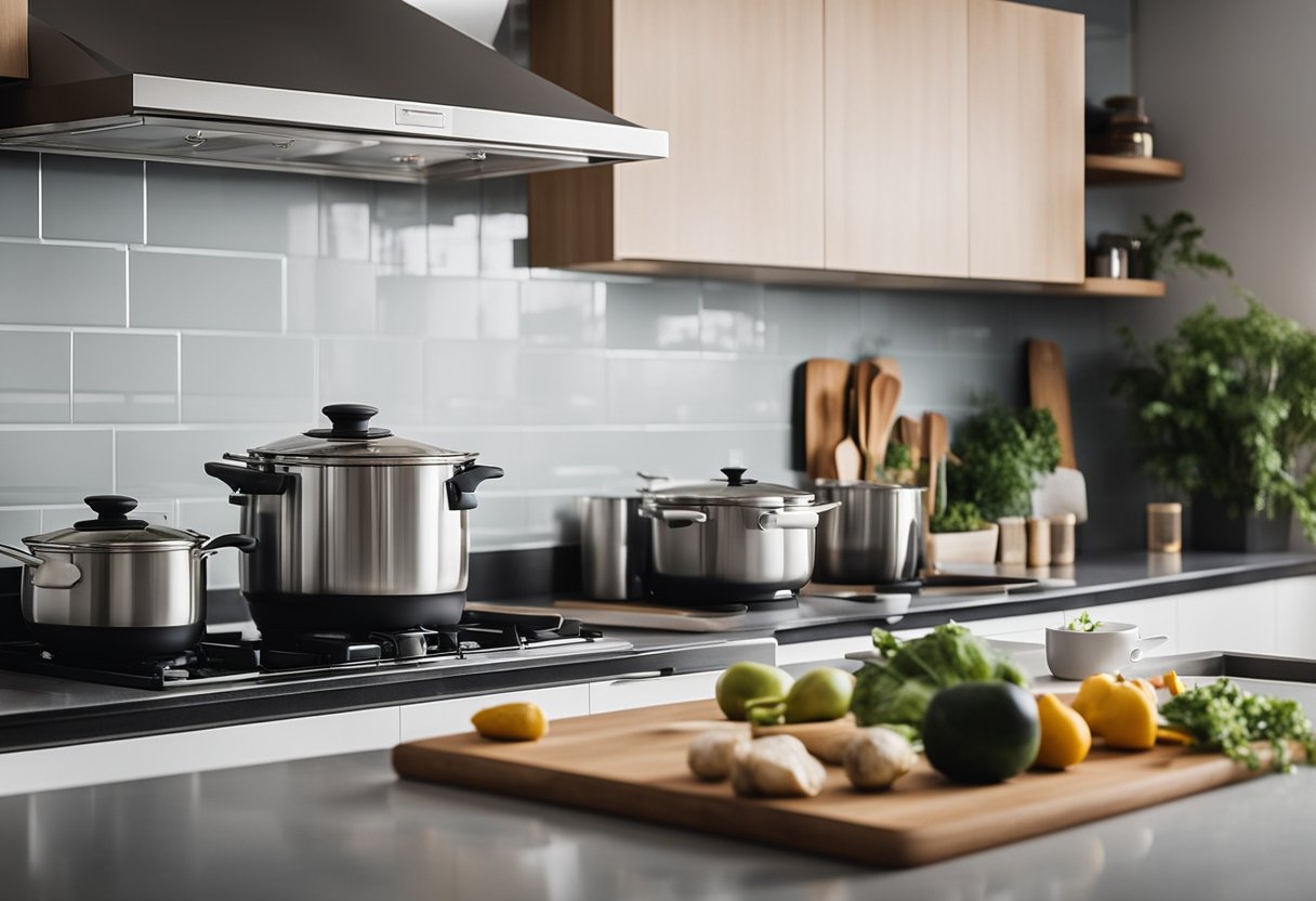 Uma cozinha profissional com utensílios e aparelhos de cozinha básicos organizados de forma ordenada em bancadas limpas.