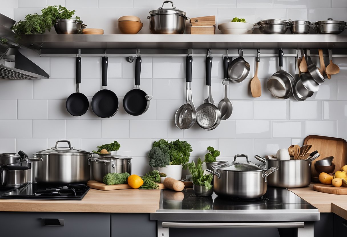 Uma cozinha profissional com vários utensílios de cozinha, panelas, frigideiras e ingredientes organizados de forma ordenada em bancadas de aço inoxidável.