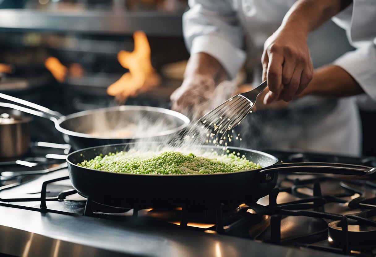 A mão de um chef polvilhando cinco ingredientes secretos em uma panela fumegante em uma cozinha de restaurante movimentada