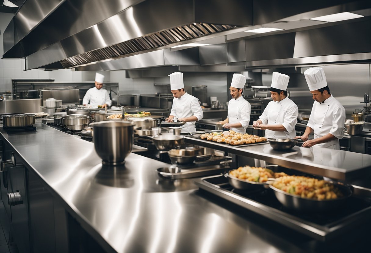 Uma cozinha movimentada com chefs preparando habilidosamente uma variedade de pratos usando ingredientes de alta qualidade e técnicas inovadoras. A atmosfera exala sofisticação e excelência no mundo da culinária.