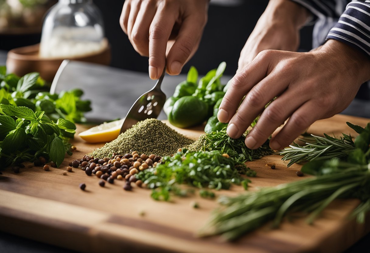 A mão de um chef polvilhando uma variedade de ervas e especiarias sobre uma tábua de corte cheia de ingredientes frescos