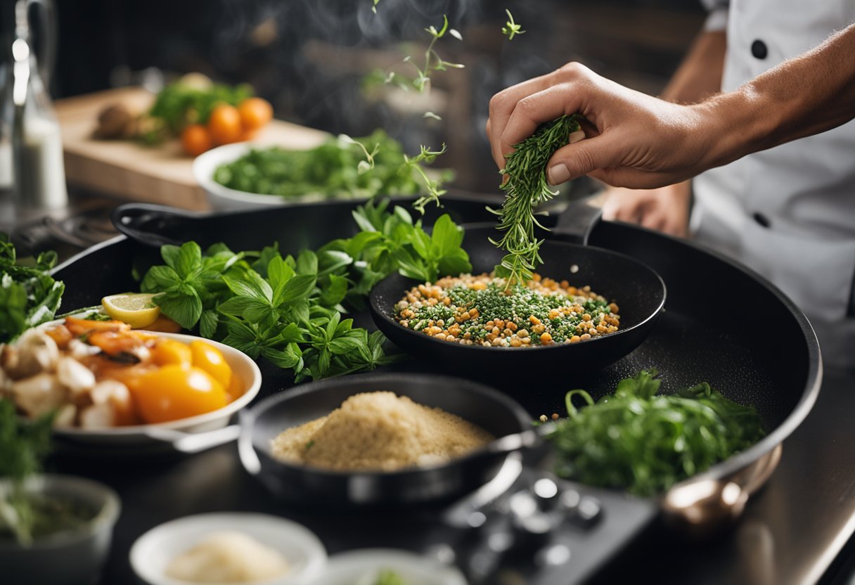 A mão de um chef polvilhando uma variedade de ervas e especiarias frescas em uma frigideira fumegante de comida, criando uma cena vibrante e aromática na cozinha