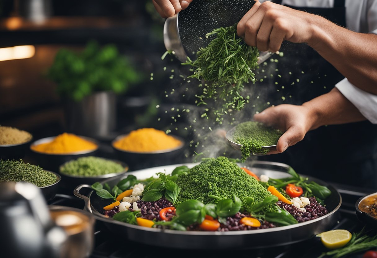 A mão de um chef polvilhando uma variedade de ervas e especiarias frescas em uma panela fumegante de comida