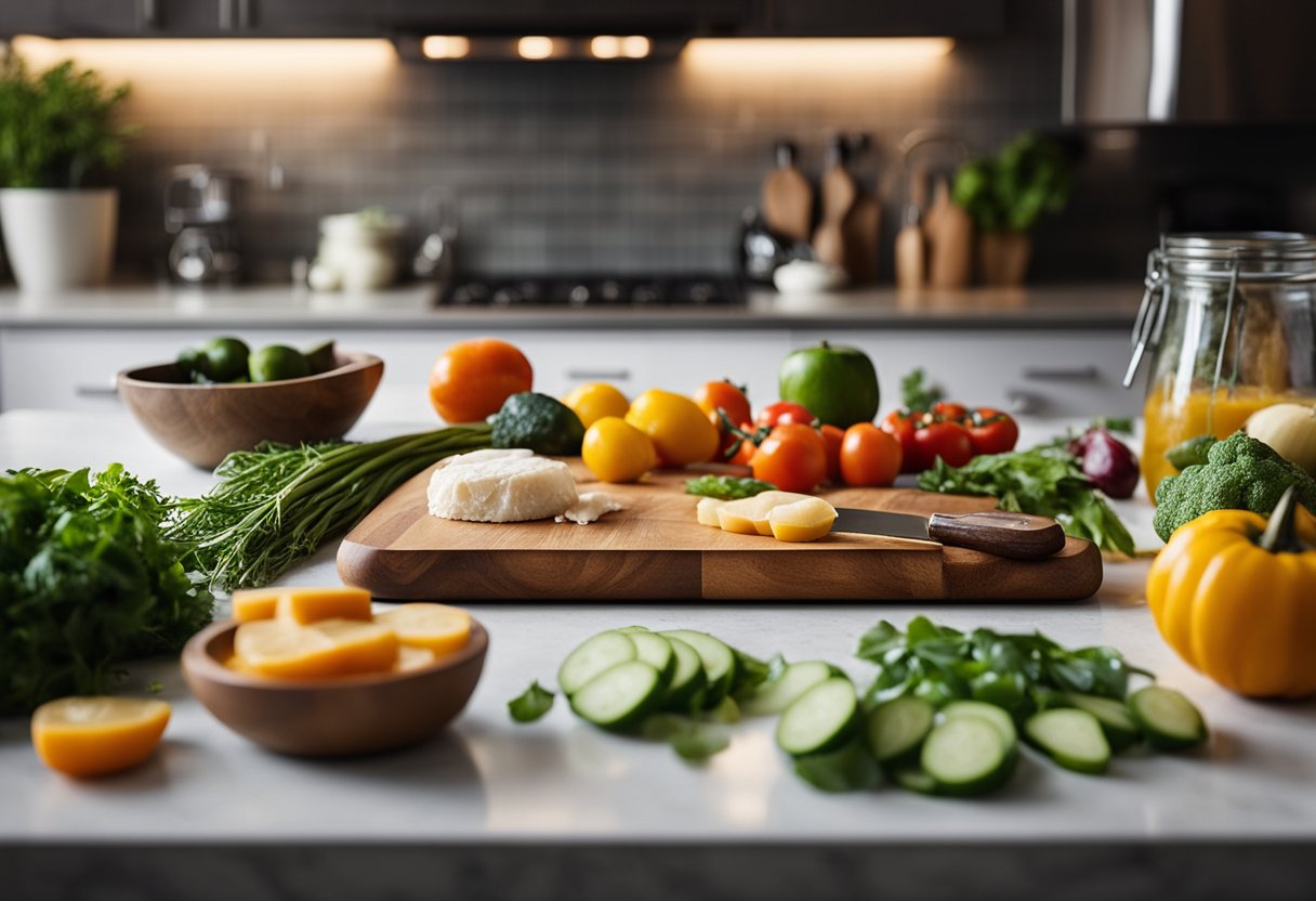 Uma bancada de cozinha com vários ingredientes frescos, uma tábua de cortar, faca e um timer ajustado para 20 minutos