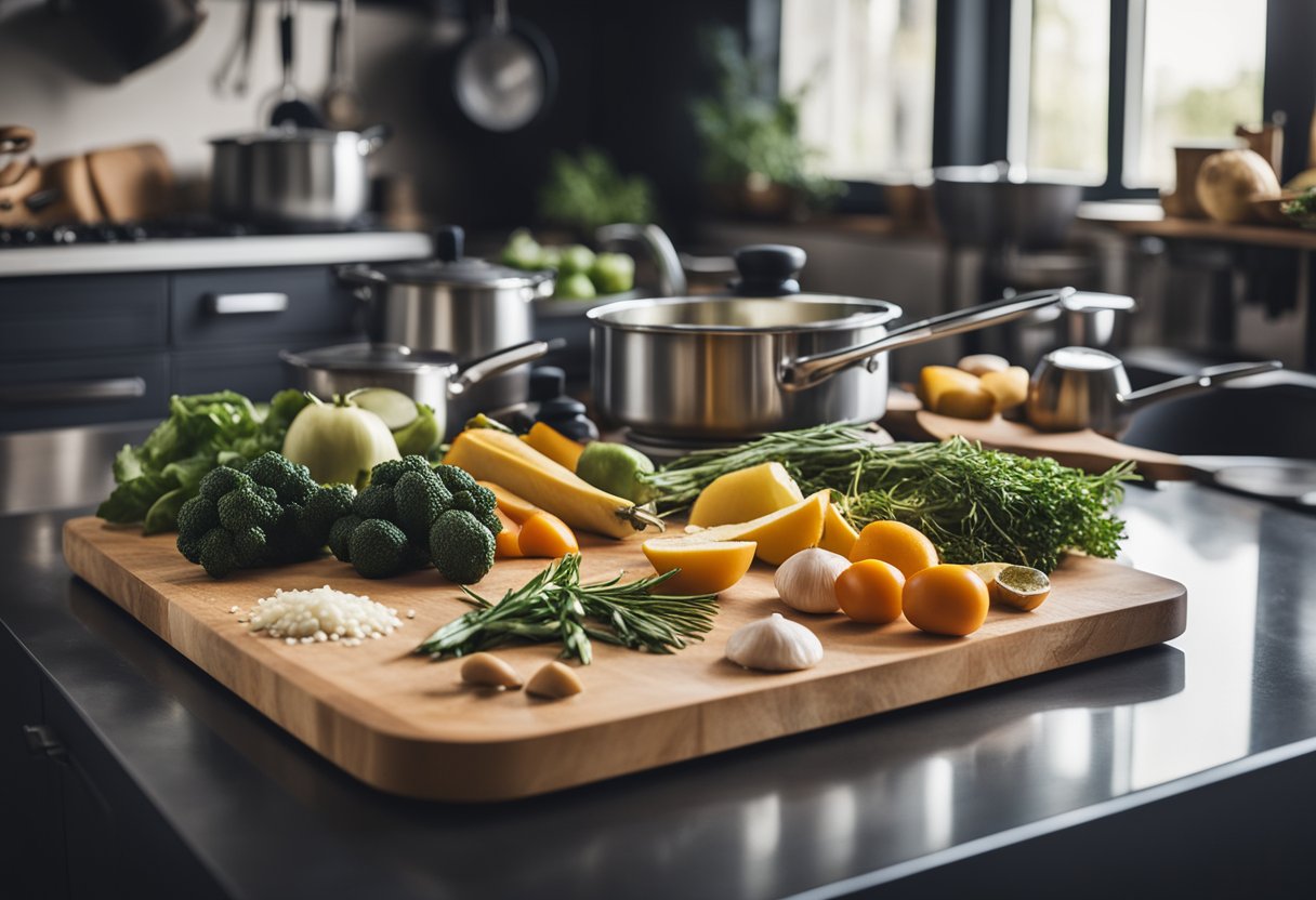 Uma bancada de cozinha com ingredientes frescos, uma tábua de cortar, faca e um fogão com panelas e frigideiras. Um timer mostra 20 minutos.