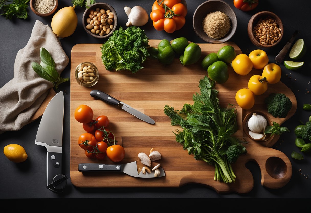 Uma bancada de cozinha com ingredientes frescos, uma tábua de cortar e utensílios de cozinha, com um temporizador ajustado para 20 minutos