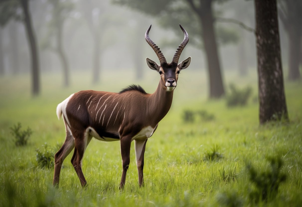 A majestic saola stands in a lush, misty forest, its elegant horns and striking markings capturing the essence of its endangered status