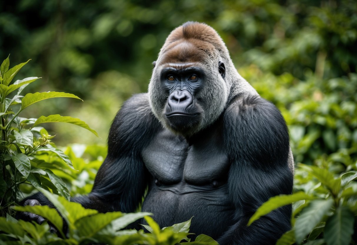 A majestic mountain gorilla sits among lush green foliage, its powerful form and intense gaze capturing the strength and vulnerability of one of the planet's most endangered animals