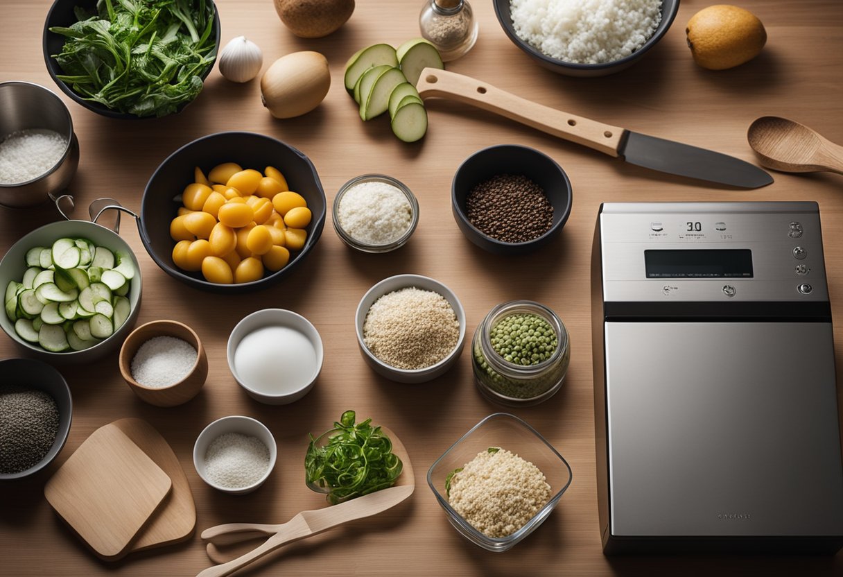 Vários utensílios e gadgets de cozinha estão organizados em uma bancada, incluindo um timer, tábua de cortar e um processador de alimentos. Os ingredientes estão organizados de forma ordenada nas proximidades.