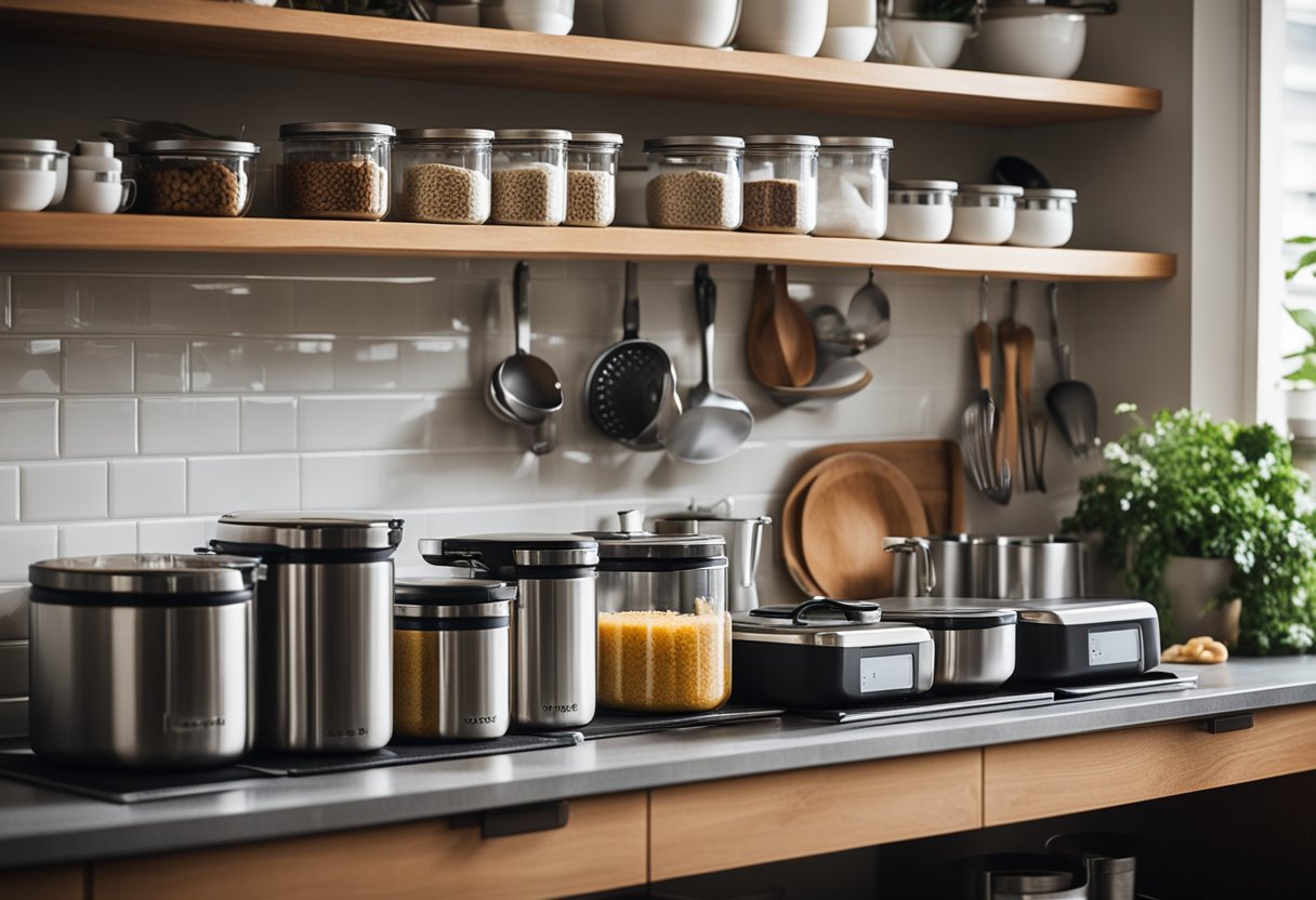 Uma cozinha bem organizada com recipientes etiquetados, um cronômetro e utensílios de cozinha eficientes dispostos de forma ordenada na bancada.