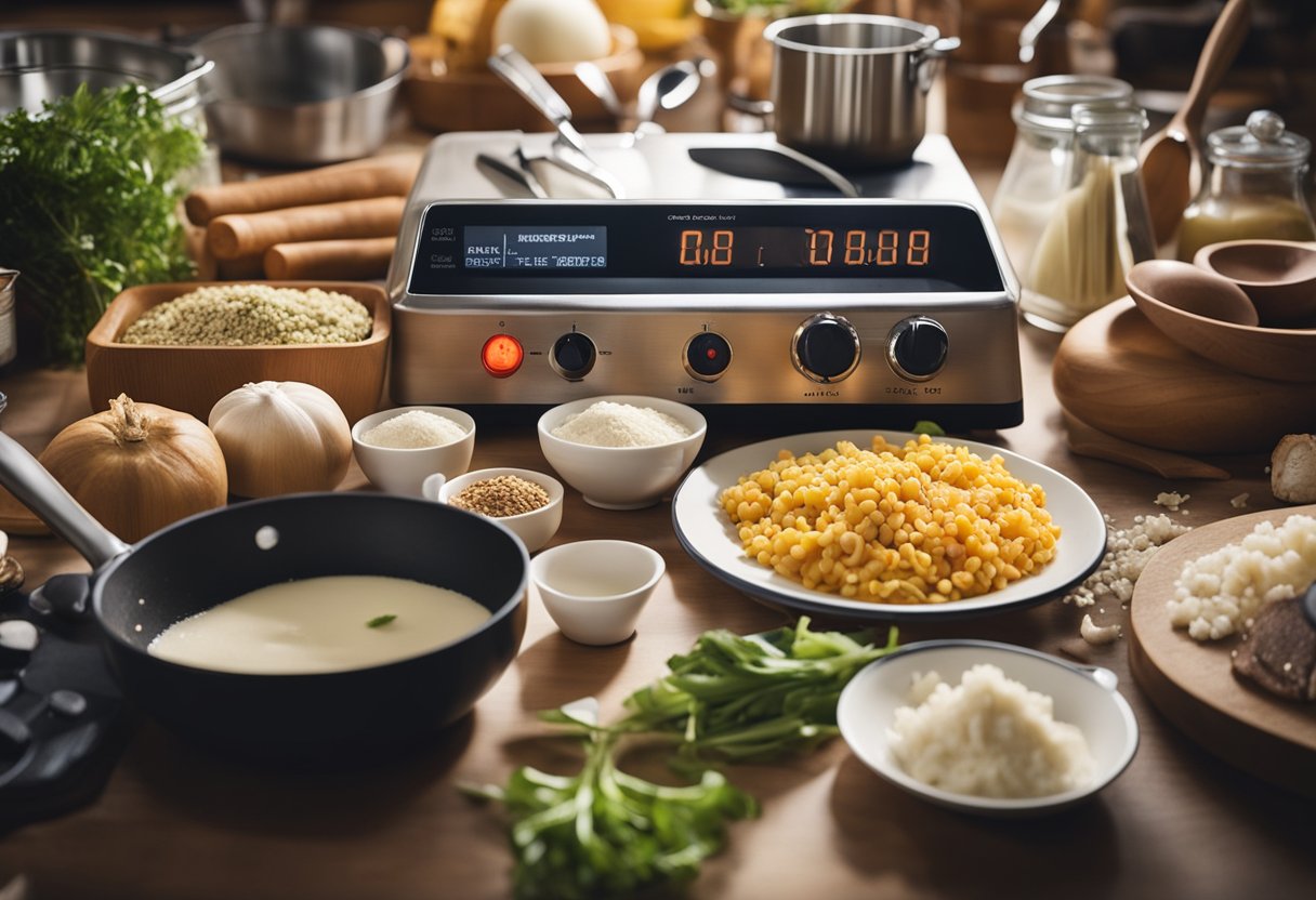 Uma bancada de cozinha bagunçada com vários utensílios de cozinha e ingredientes, um timer ticando ao fundo, e um livro de receitas aberto em uma página com dicas rápidas de culinária.