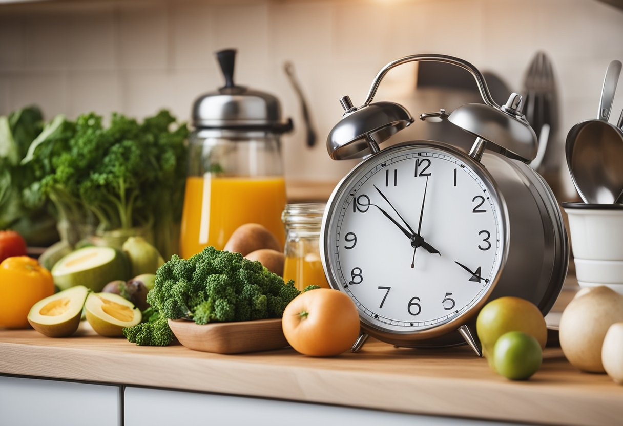 Uma bancada de cozinha movimentada com uma variedade de ingredientes frescos, um planejador de refeições e um relógio mostrando um curto período de tempo.