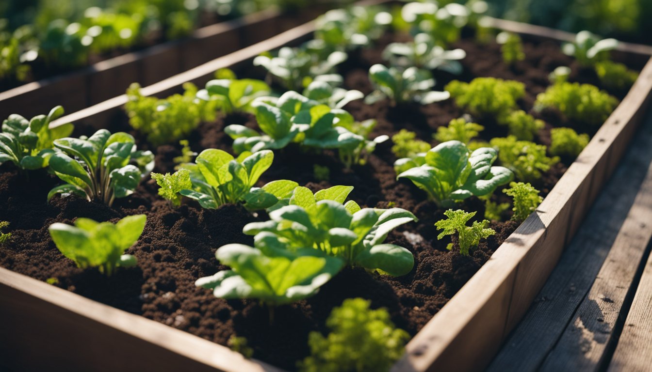 A wooden raised garden bed filled with rich, dark potting mix. Healthy vegetable plants thrive in the nutrient-dense soil, with water droplets glistening on the moss