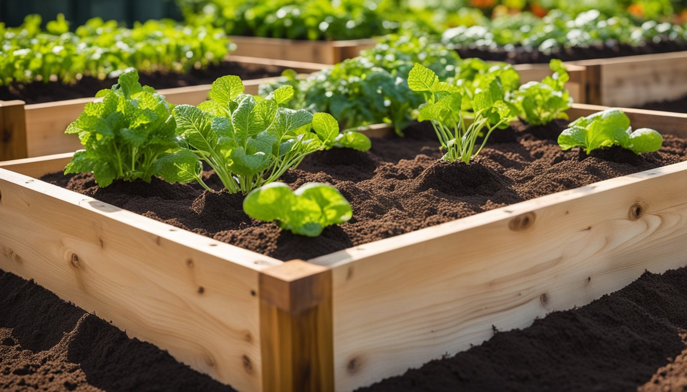 A wooden raised garden bed brimming with healthy vegetables in nutrient-dense soil, displaying the fibrous texture of peat moss and ideal hydration levels