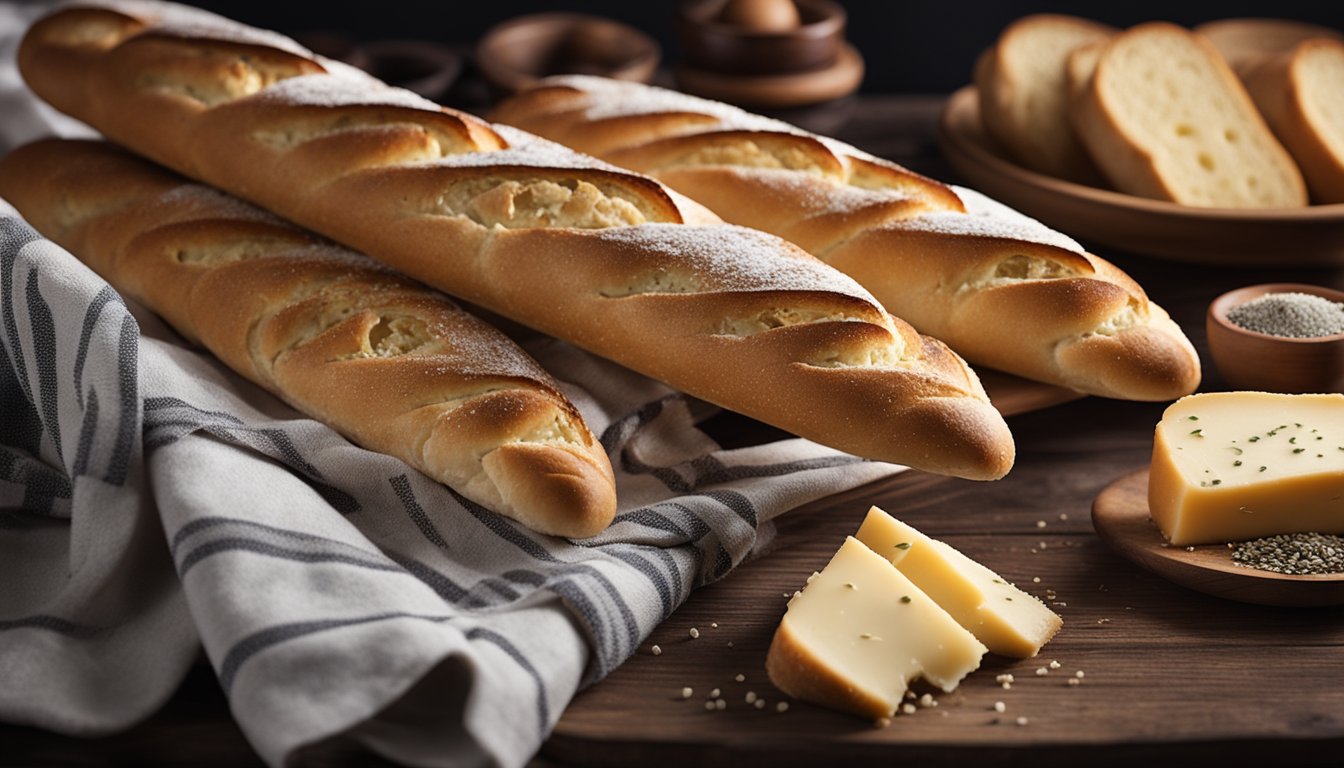 Freshly baked baguettes on rustic wood, with golden crusts and soft interiors. Flour and poppy seeds add texture. Vintage towel hints at warmth, with wine and cheese nearby