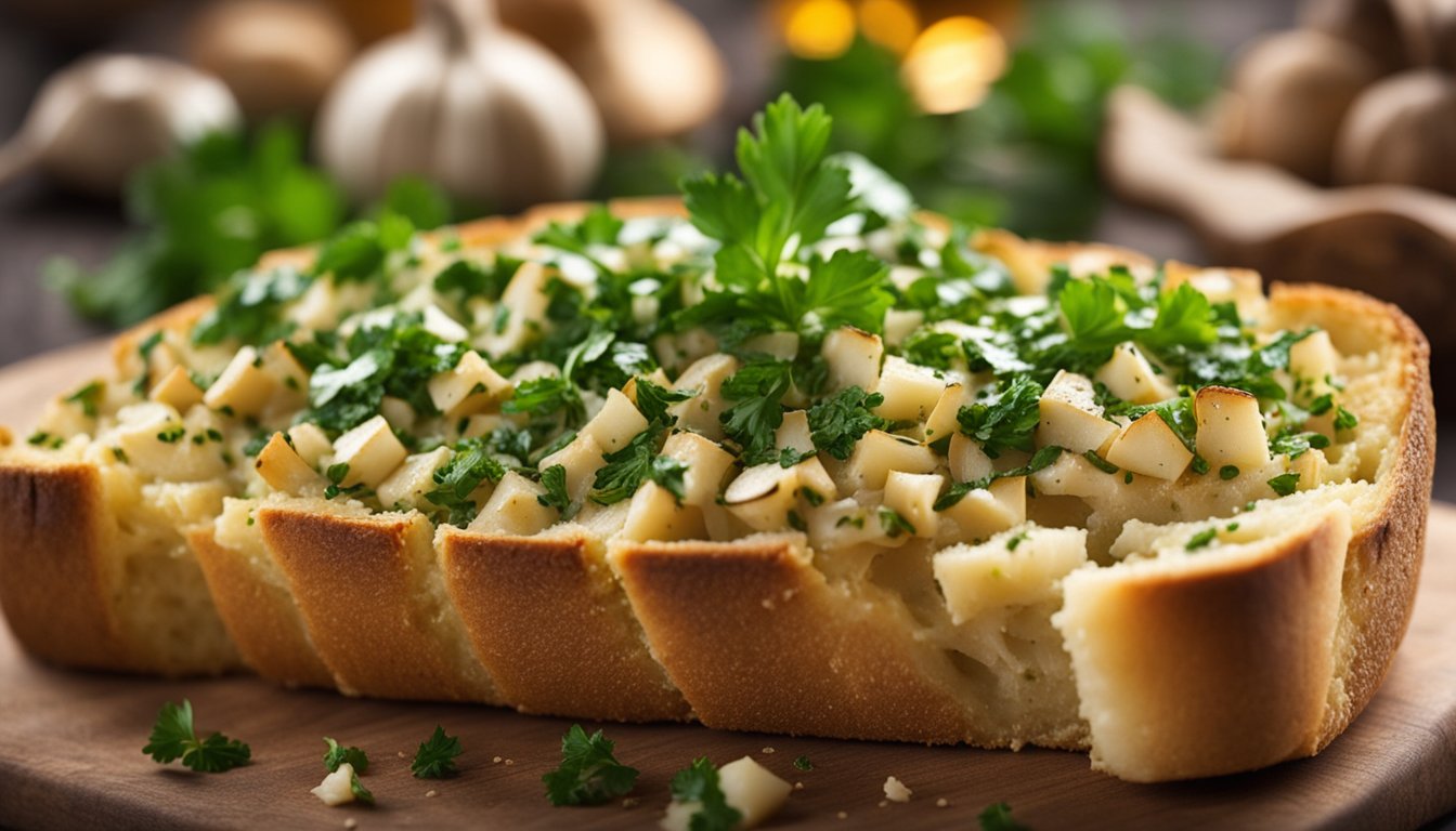 A freshly baked loaf of roasted garlic bread, golden-brown with chopped parsley