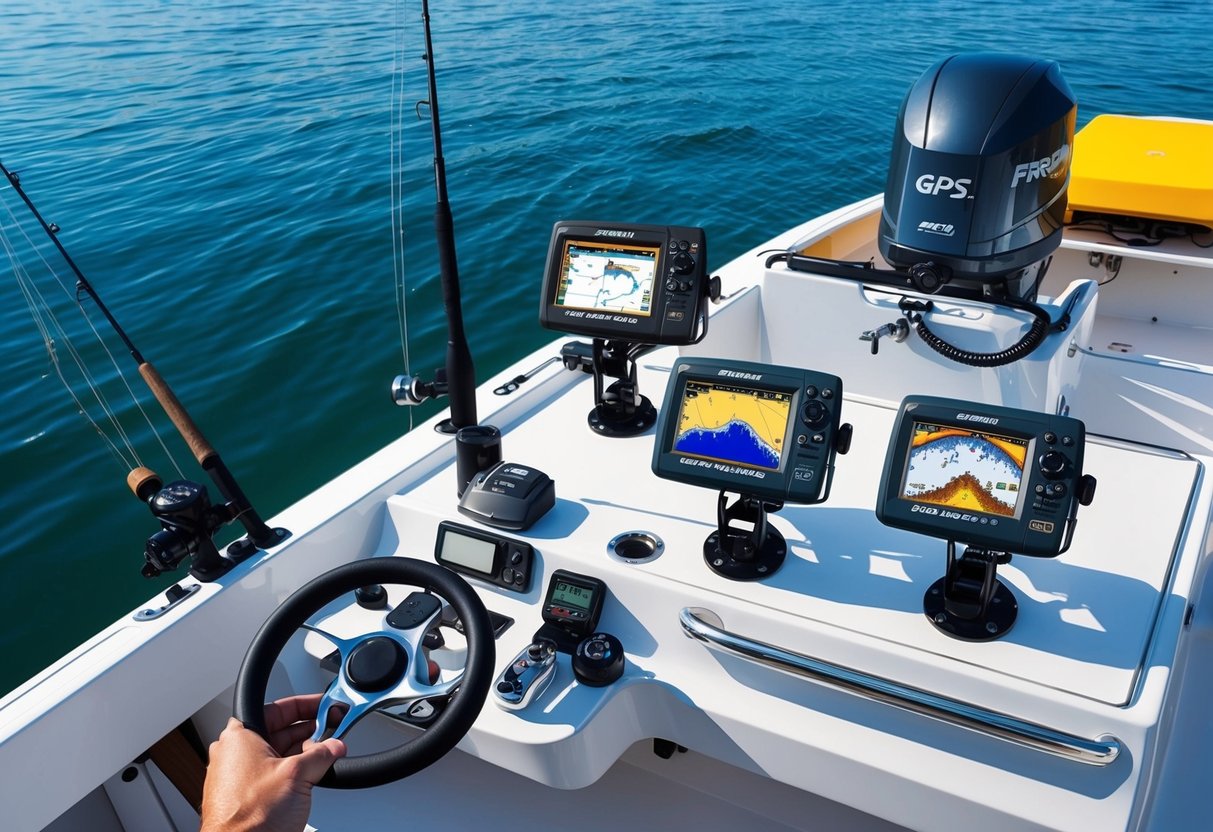 A fishing boat deck with electronic fish finder, GPS, and other essential gear for both freshwater and saltwater fishing