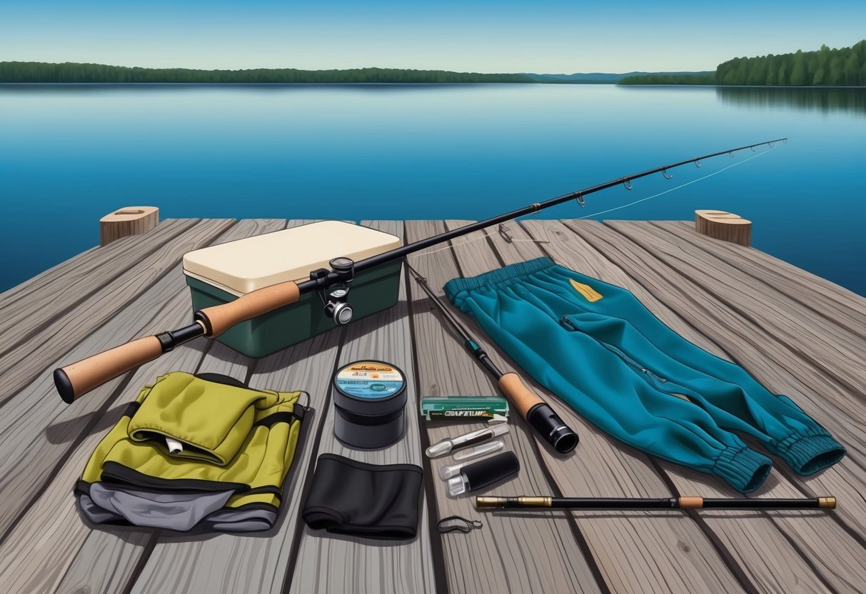 A fishing rod, tackle box, and various clothing items laid out on a wooden dock with a calm lake in the background