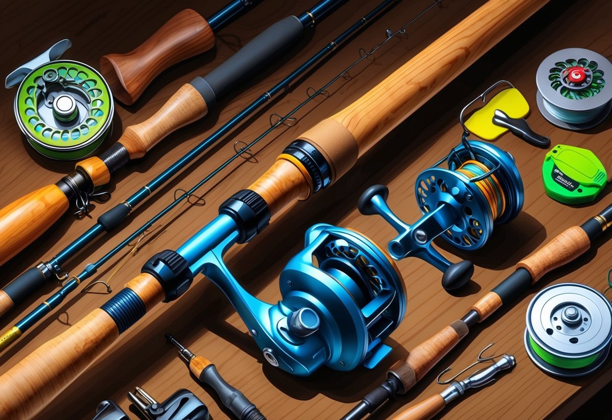 A fishing rod and reel are being cleaned and oiled on a wooden workbench, surrounded by various tackle and gear for both freshwater and saltwater fishing