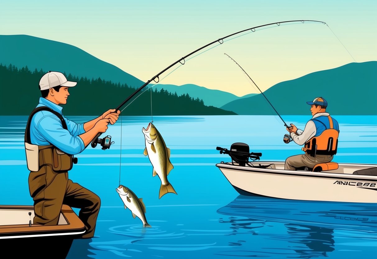 A serene lake with a fisherman using a barbless hook and releasing caught fish. Nearby, an angler on a boat with proper gear for ethical saltwater fishing