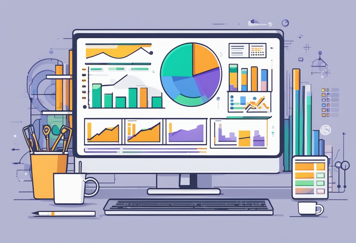 A computer screen displaying a graph with an upward trend, surrounded by various SEO tools and analytics data