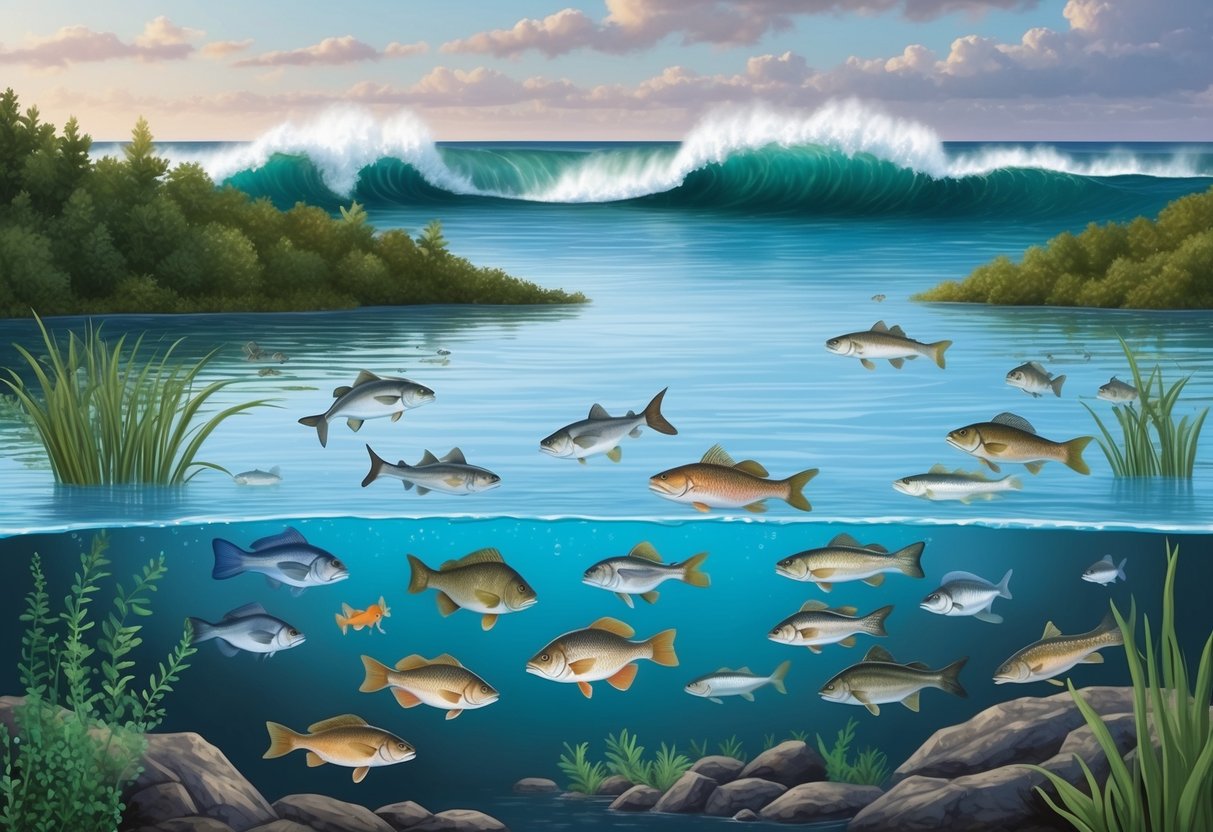 A serene lake with a variety of freshwater fish swimming among submerged vegetation, while in the distance, the crashing waves of the ocean hold an array of saltwater species