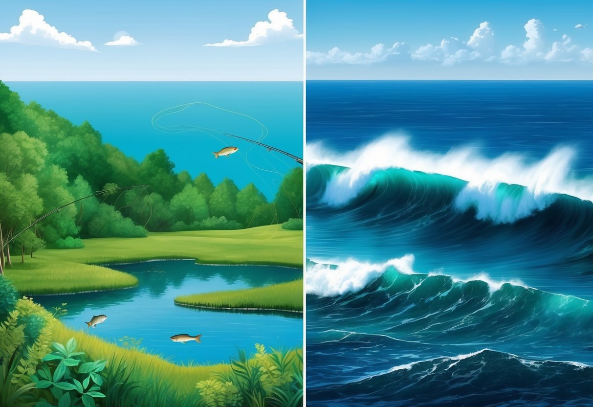 A serene lake surrounded by lush greenery for freshwater fishing, contrasted with a vast, open ocean with crashing waves for saltwater fishing