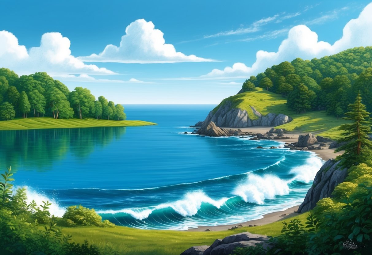 A serene lake with lush greenery and a clear blue sky, contrasting with a rocky coastline and crashing waves of the ocean