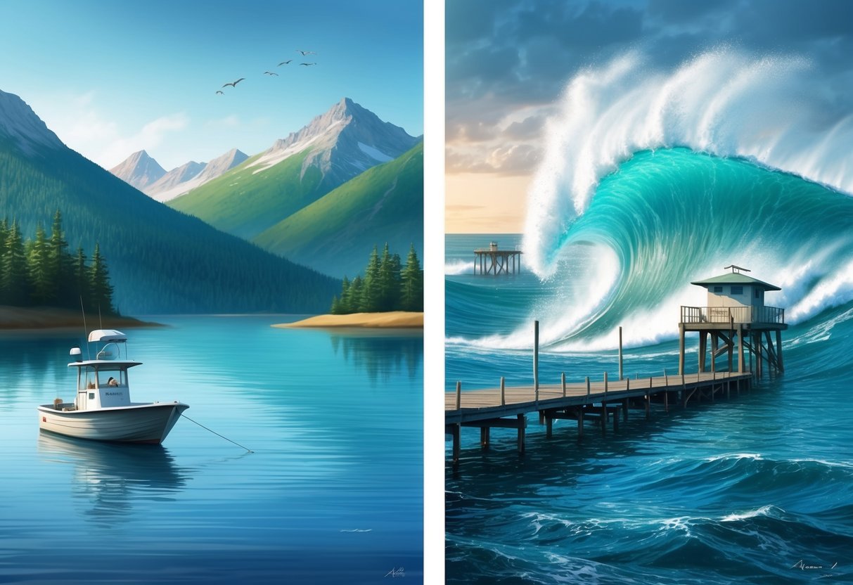 A serene lake with a fishing boat and a mountainous backdrop on one side, and a vast ocean with a fishing pier and crashing waves on the other