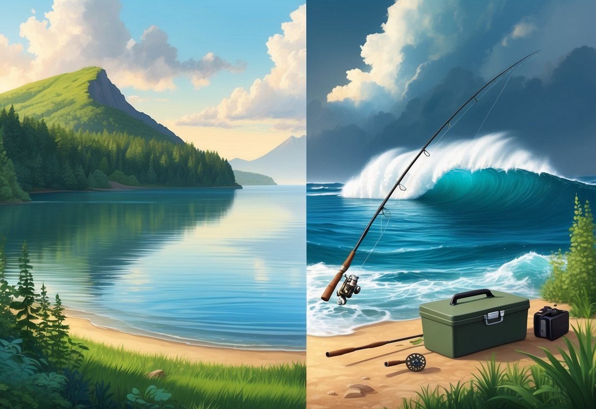 A serene lake surrounded by lush greenery on one side and a vast ocean with crashing waves on the other, with a fishing rod and tackle box on the shore