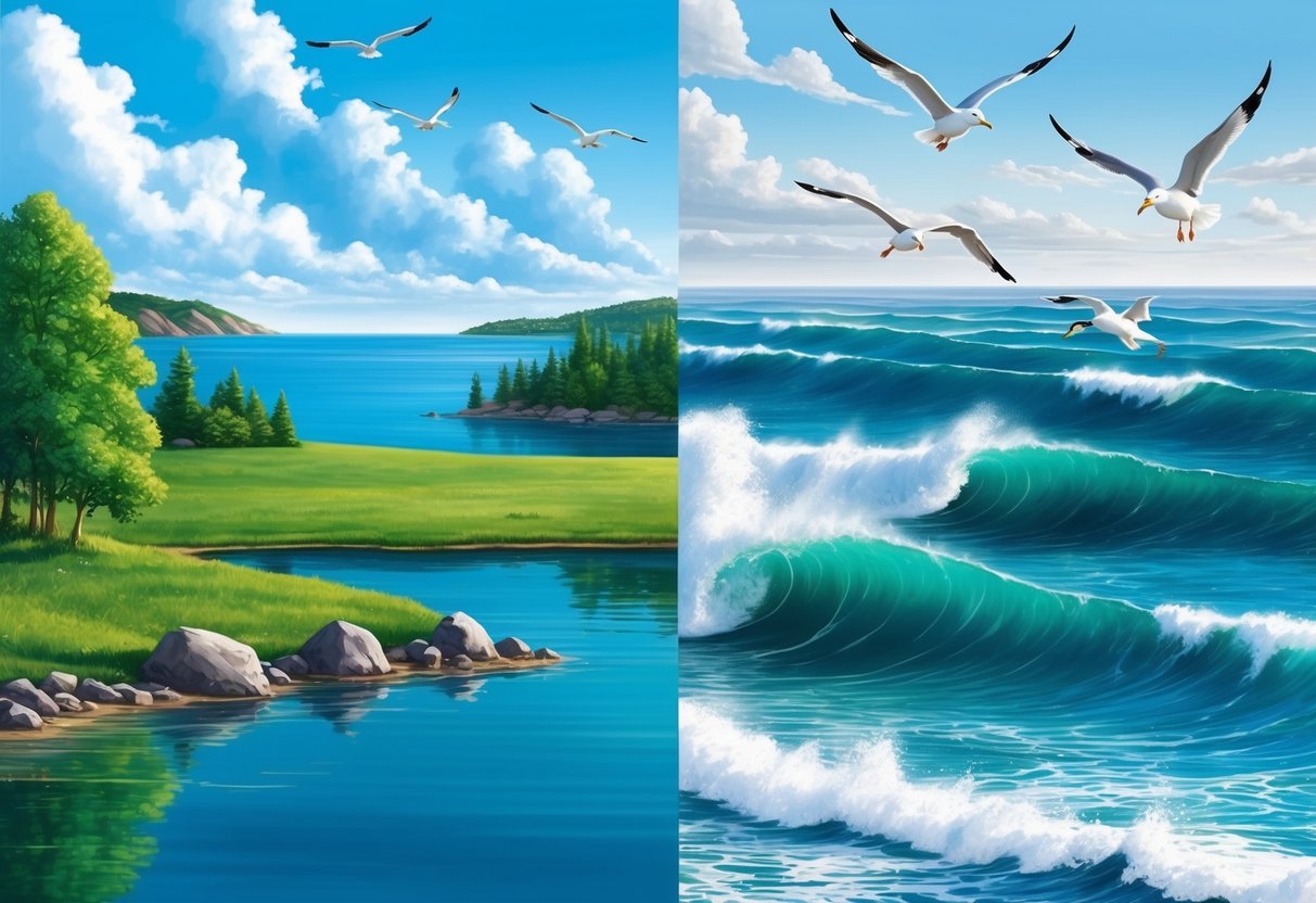 A serene lake with lush greenery and a rocky shoreline on one side, while on the other side, the vast expanse of the ocean with crashing waves and seagulls flying overhead