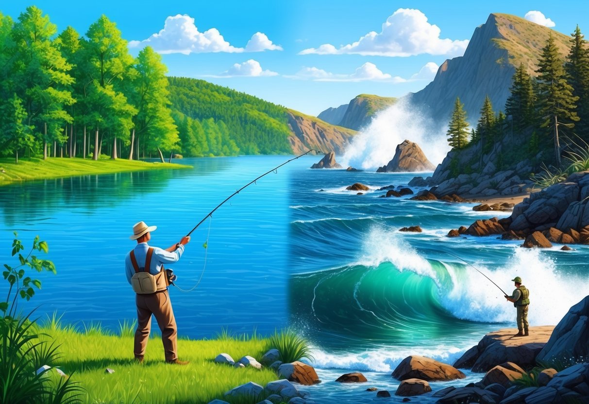 A serene lake with a fisherman casting a line surrounded by lush green trees and a clear blue sky, contrasting with a rugged coastline with crashing waves and a lone angler on a rocky shore
