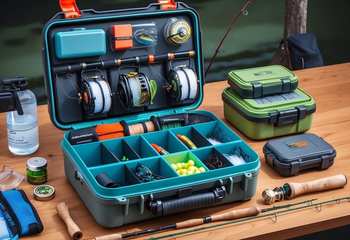 A well-organized tackle box with neatly arranged fishing gear and compartments for both fresh and saltwater adventures