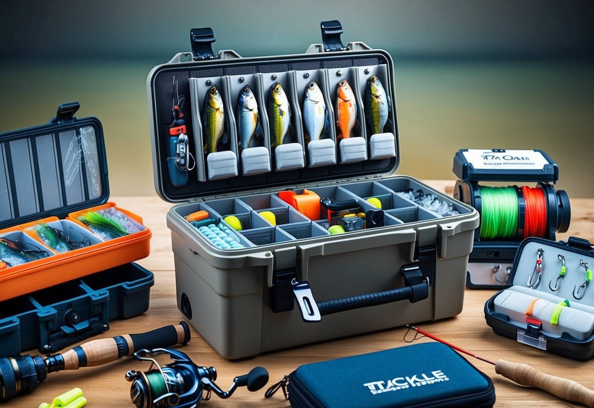 A tackle box with neatly organized compartments for various fishing styles, surrounded by freshwater and saltwater fishing gear