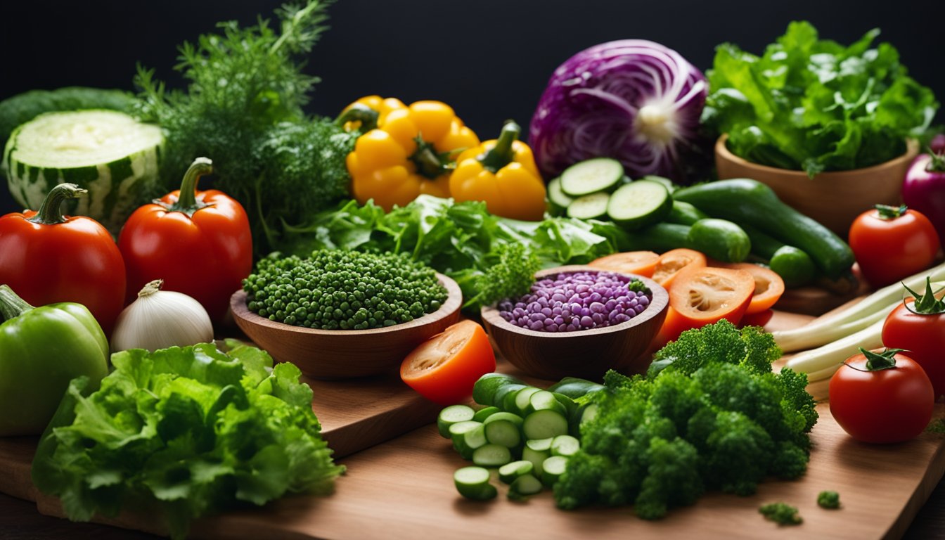 A vibrant display of AIP-friendly vegetables and herbs artfully arranged on a wooden cutting board