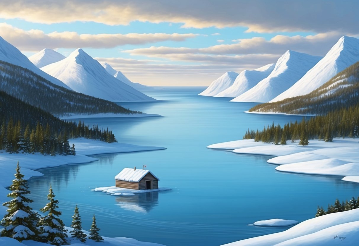 A serene lake surrounded by snow-covered mountains, with a lone ice fishing hut in the center. A nearby river flows through a forest, while the distant ocean stretches out to the horizon