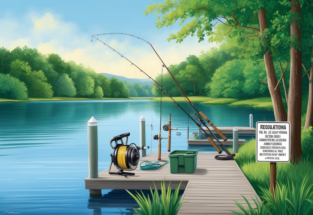 A serene lakeside with a dock, surrounded by lush greenery and calm waters, with fishing gear neatly arranged and a sign detailing regulations