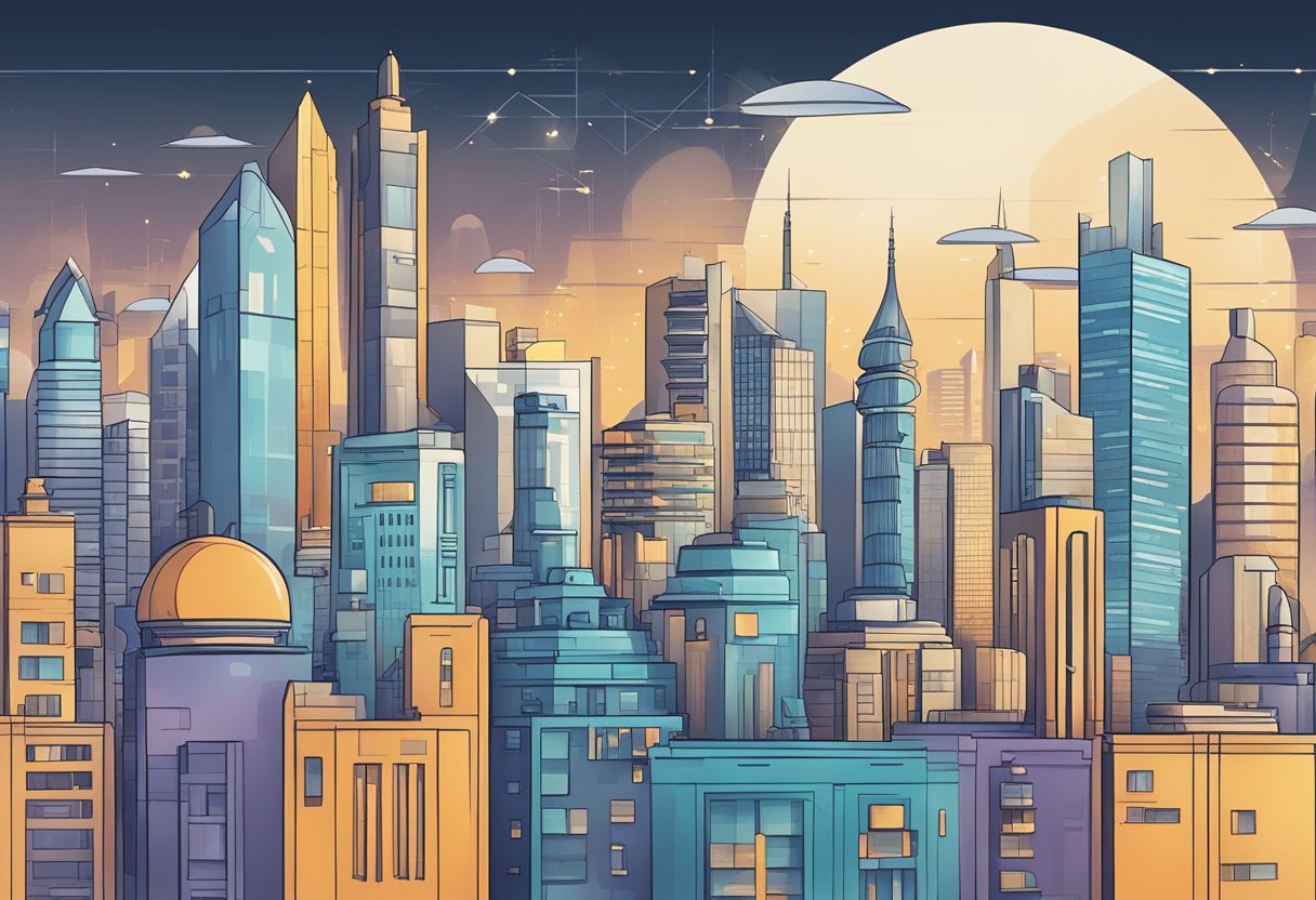 A futuristic city skyline with traditional and modern buildings, showcasing the contrast between old and new SEO practices