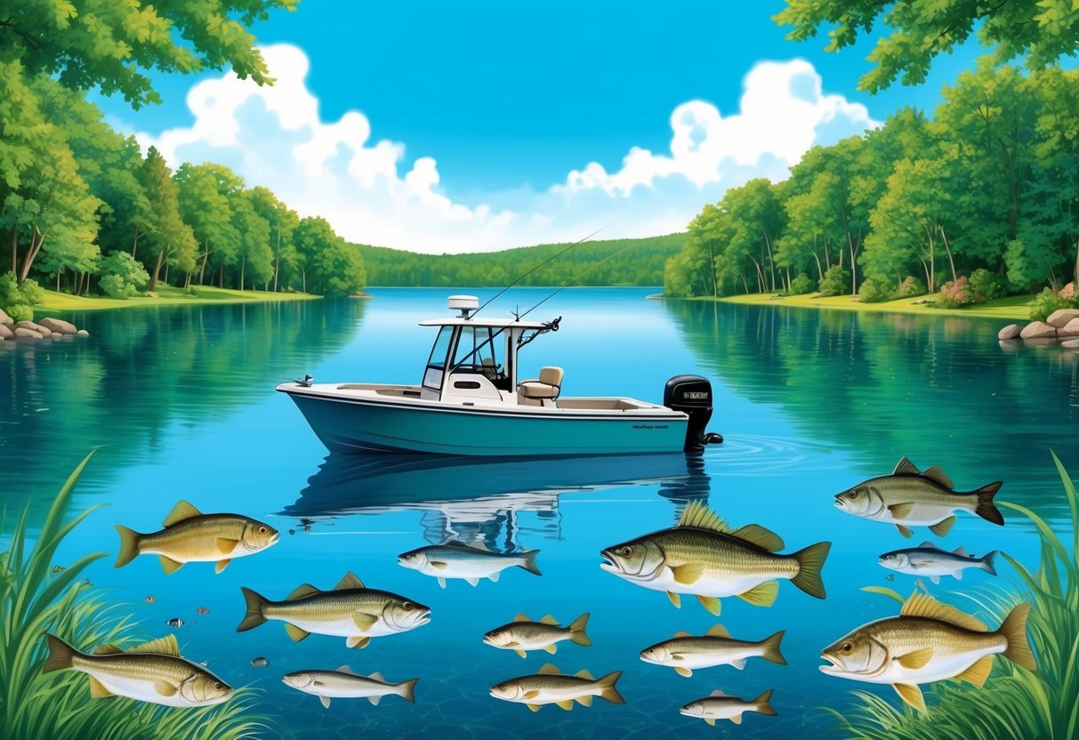A serene lake with a fishing boat and a variety of fish swimming in the clear water, surrounded by lush green trees and a bright blue sky overhead