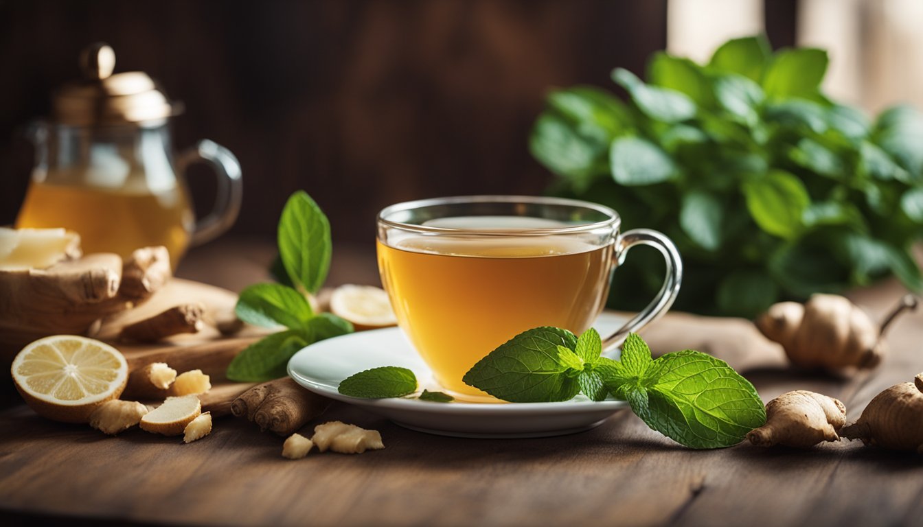 A cozy kitchen scene with a steaming cup of ginger mint tea, fresh ginger slices, and peppermint leaves on a wooden table