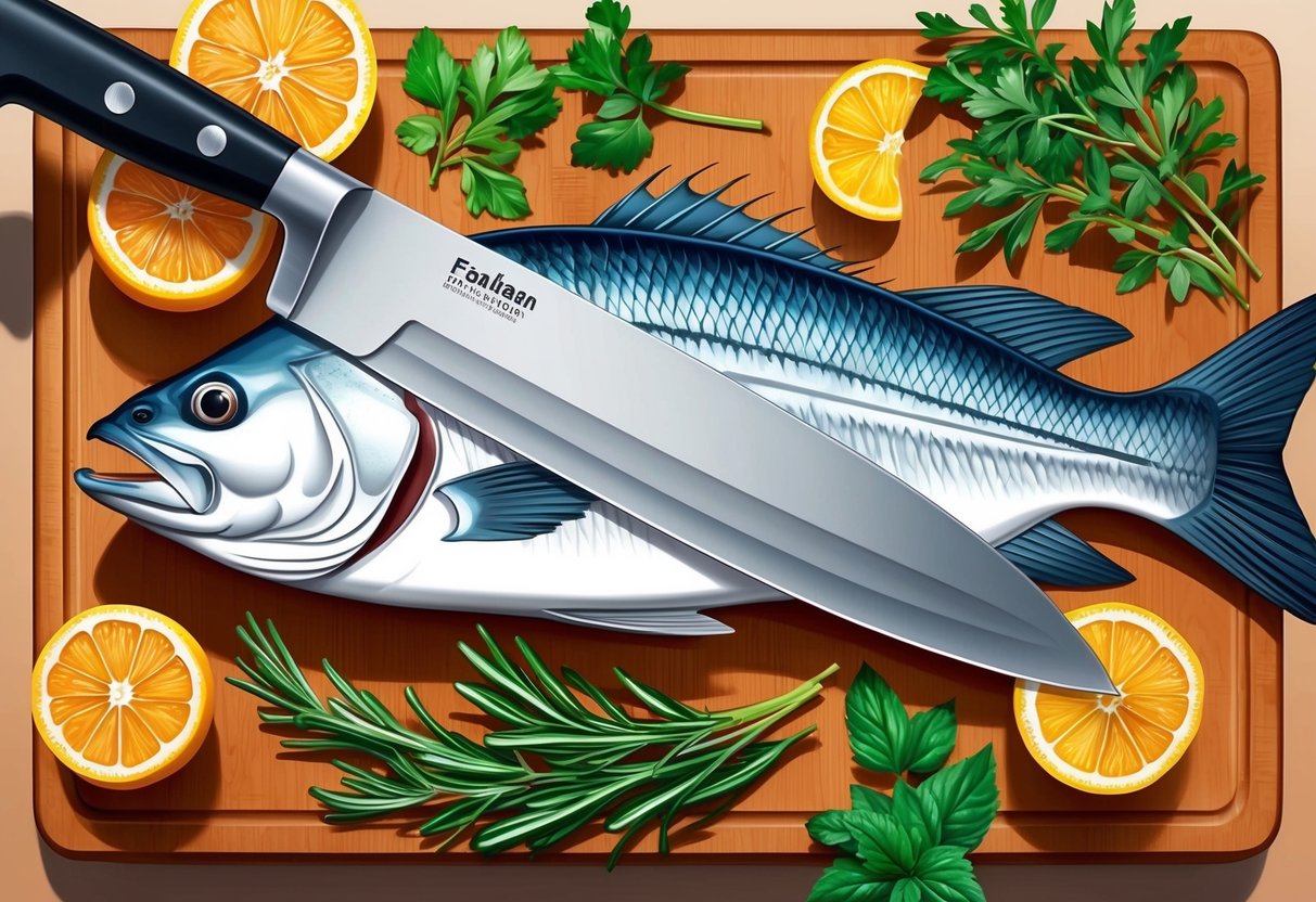 A chef's knife slicing through a whole fish, surrounded by fresh herbs and citrus fruits on a wooden cutting board