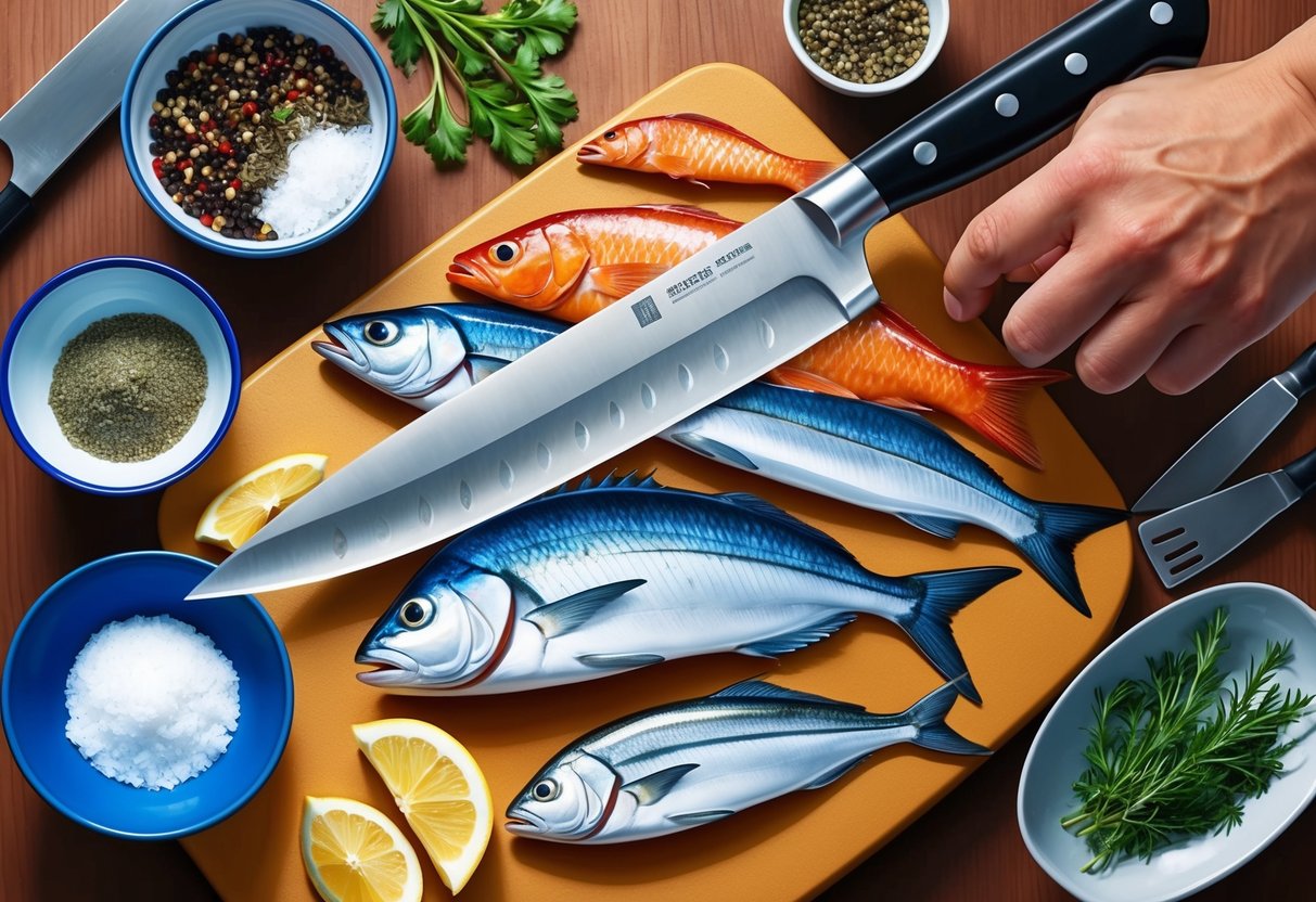 A chef's knife slicing through a variety of fresh fish, surrounded by bowls of salt, pepper, and herbs, with a cutting board and kitchen utensils nearby