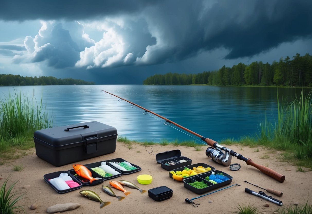 A serene lakeside with a fishing rod, tackle box, and various bait options laid out on the ground. Storm clouds loom in the distance, hinting at potential weather challenges