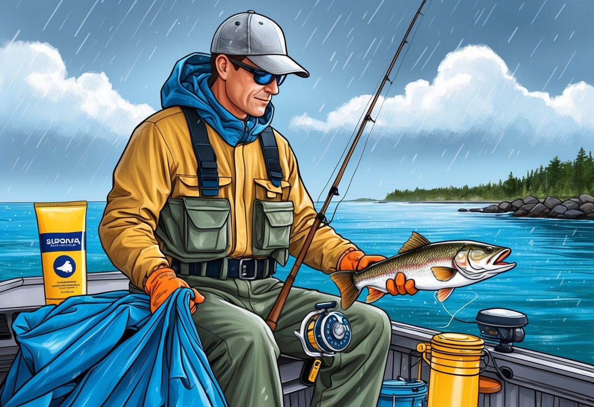 A fisherman prepares for changing weather, packing rain gear and sunscreen, while keeping in mind ethical fishing practices