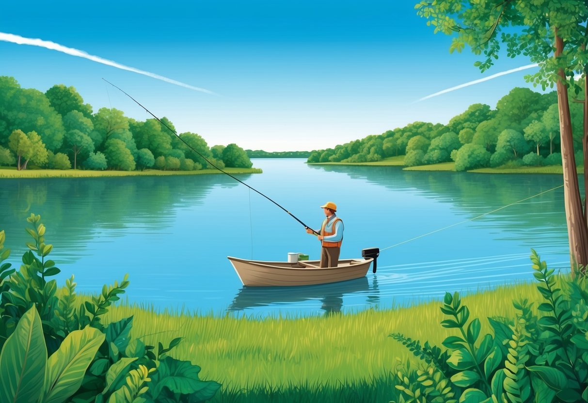 A serene lake with lush greenery on the banks, a clear blue sky above, and a small boat with a fisherman using sustainable fishing practices