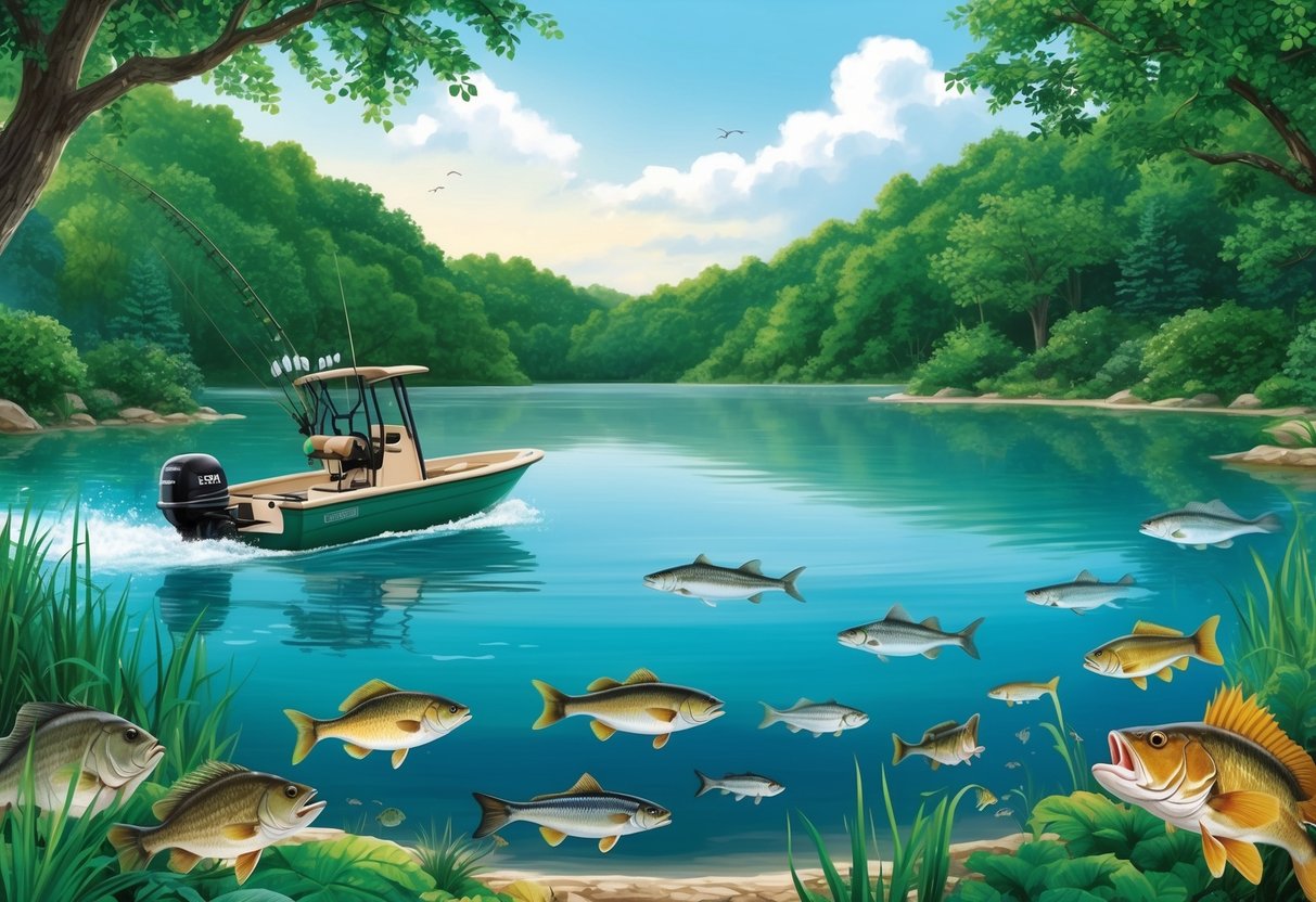 A serene lake surrounded by lush greenery, with a variety of fish swimming in clear, unpolluted water. A fishing boat equipped with eco-friendly gear is peacefully gliding across the surface