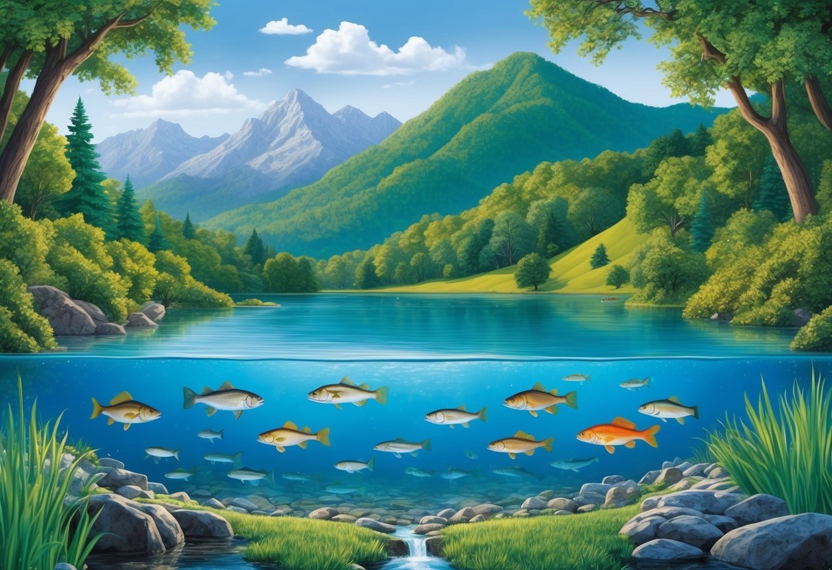 A serene lake surrounded by lush greenery, with a clear stream flowing into it from the mountains, and a variety of fish swimming in the crystal-clear water