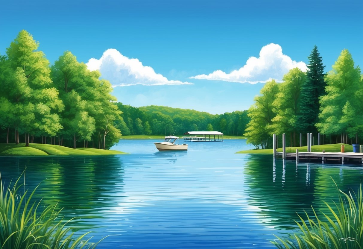 A serene lake with a clear blue sky above and lush green trees surrounding the water, with a fishing boat and a dock in the distance