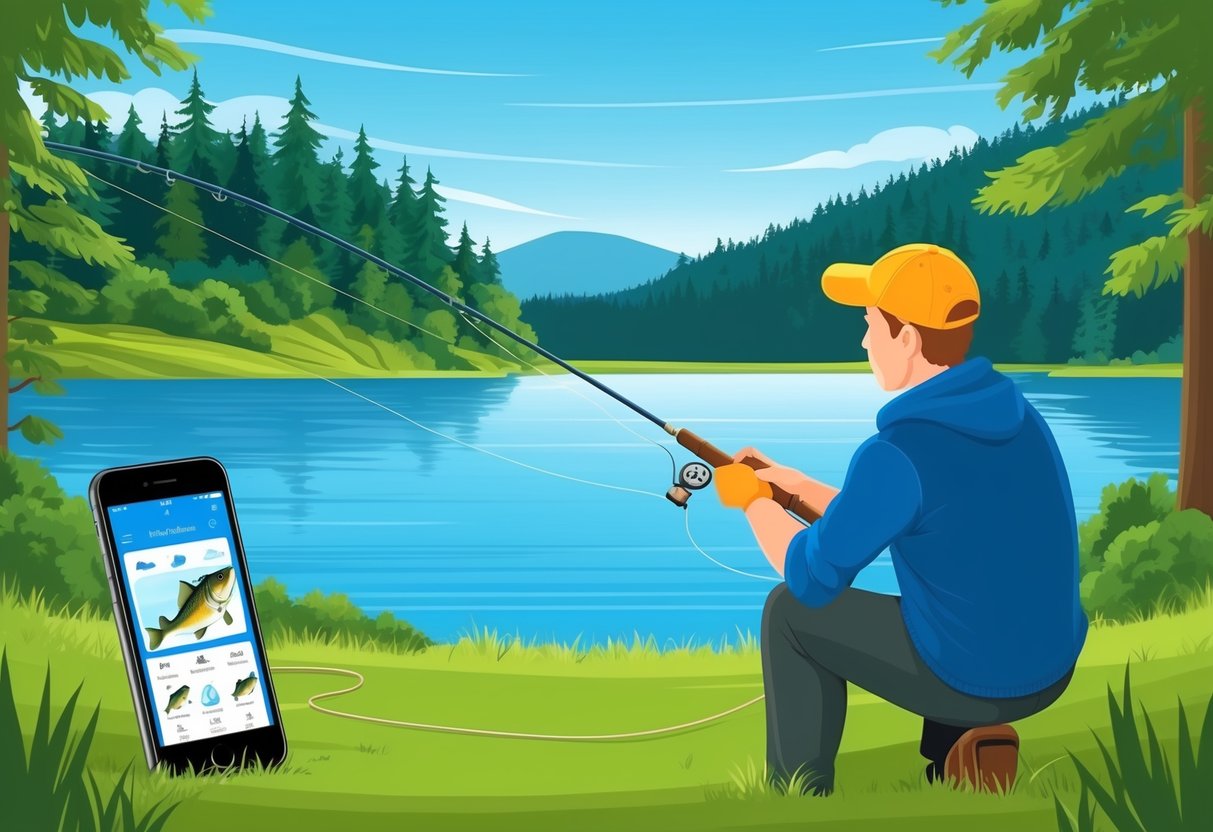 A serene lake with a fisherman casting a line, surrounded by lush forests and a clear blue sky. A smartphone with fishing apps displayed is lying on the ground