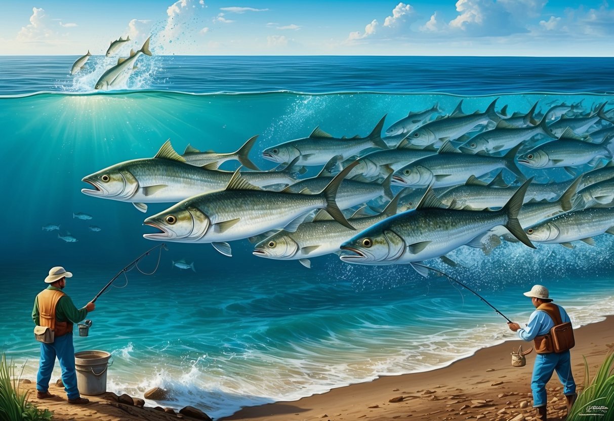 A school of fish migrating from freshwater to saltwater, passing through a river and into the open ocean, with fishermen observing from the shore
